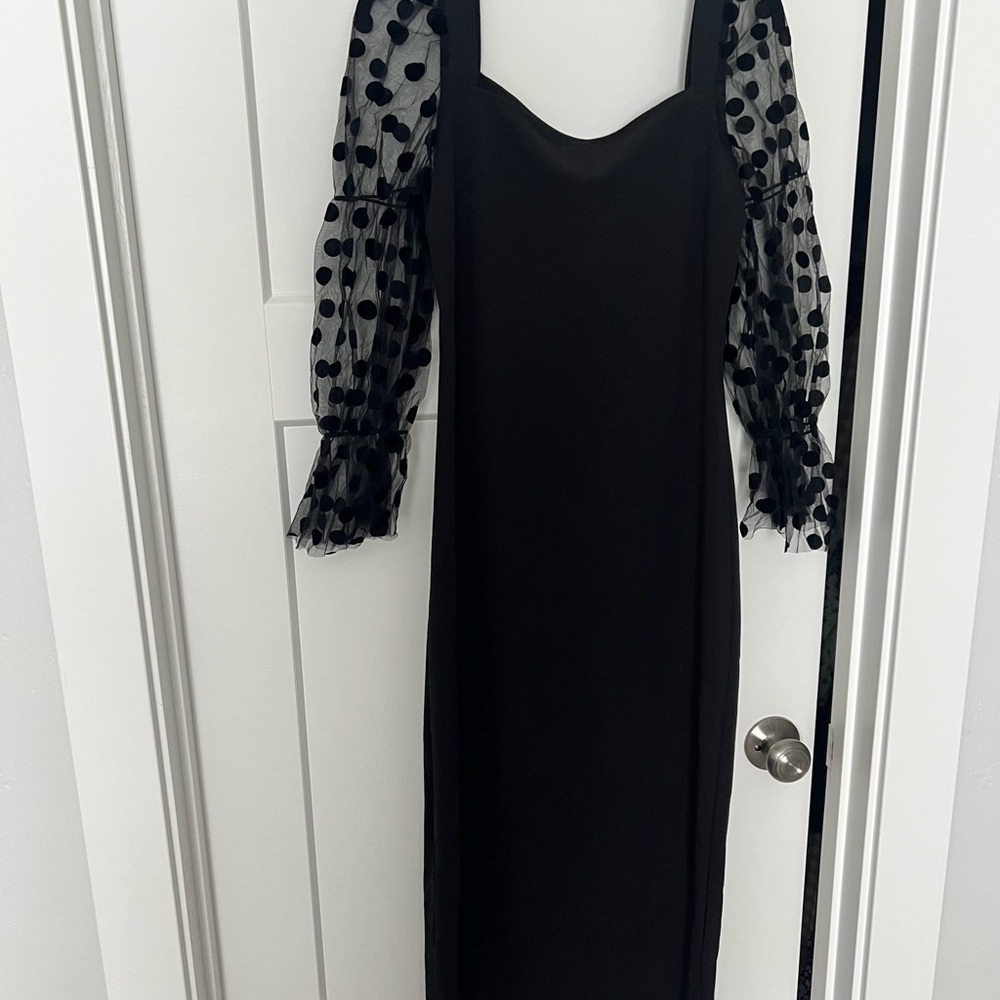 Elegant Black Dress with Sheer Polka Dot Sleeves - Large